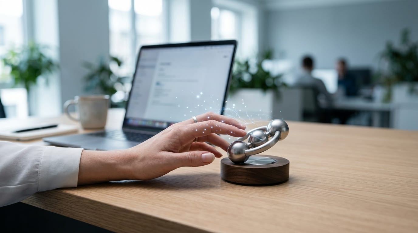 A professional using a silent tactile focus tool to recover from 23 minutes of digital interruption and improve task performance.
