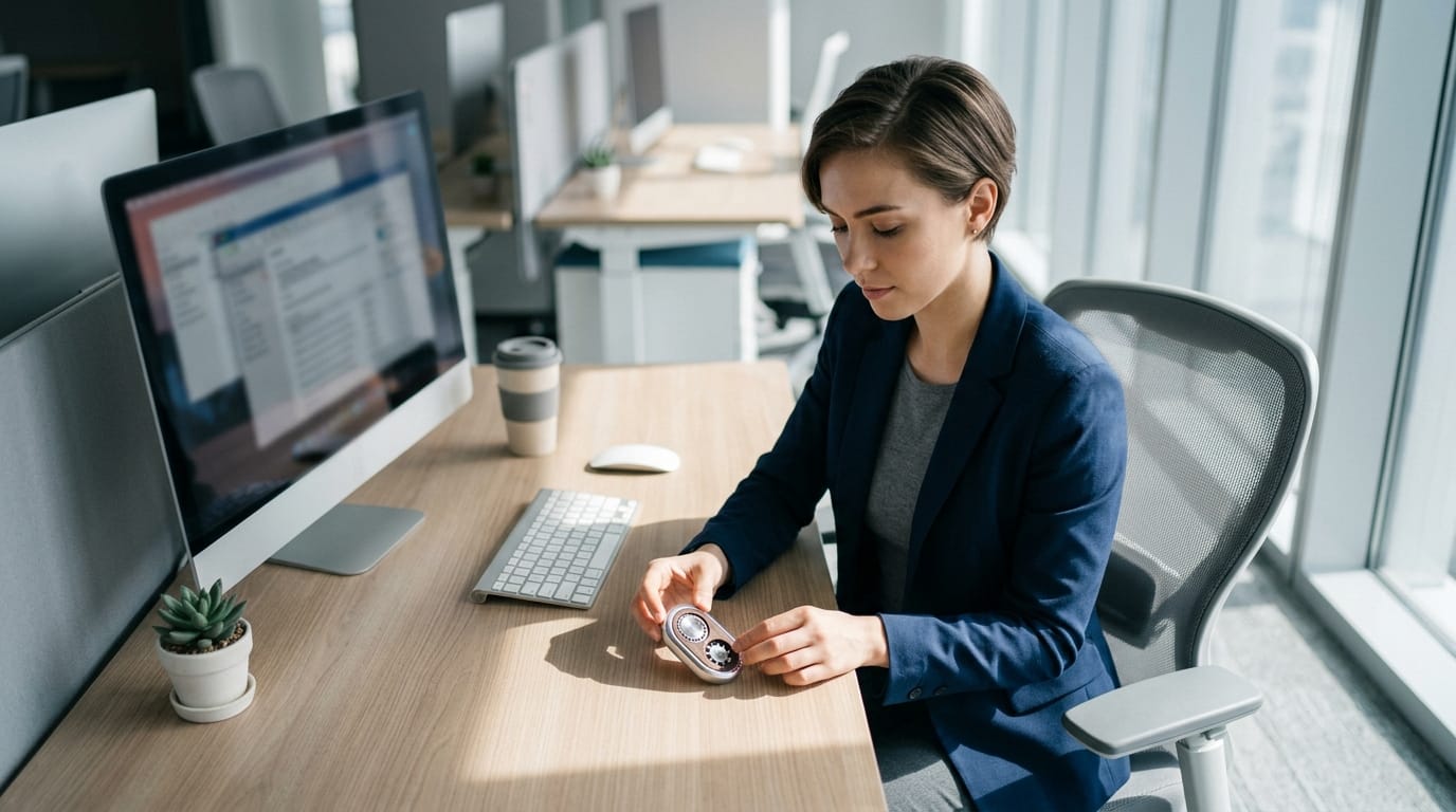 Professional using a tactile desk tool for a micro-break to avoid the digital fatigue trap and improve focus.