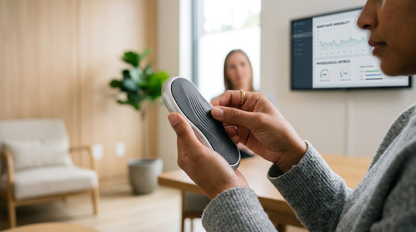 A patient using a professional tactile grounding tool to manage stress in a clinical setting.