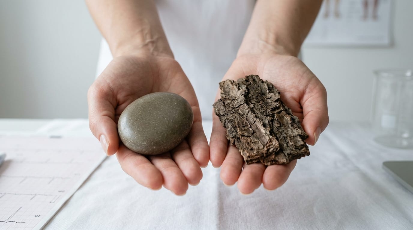 Tactile grounding tools, including a smooth stone and rough bark, used for stress loop interruption and sensory regulation.