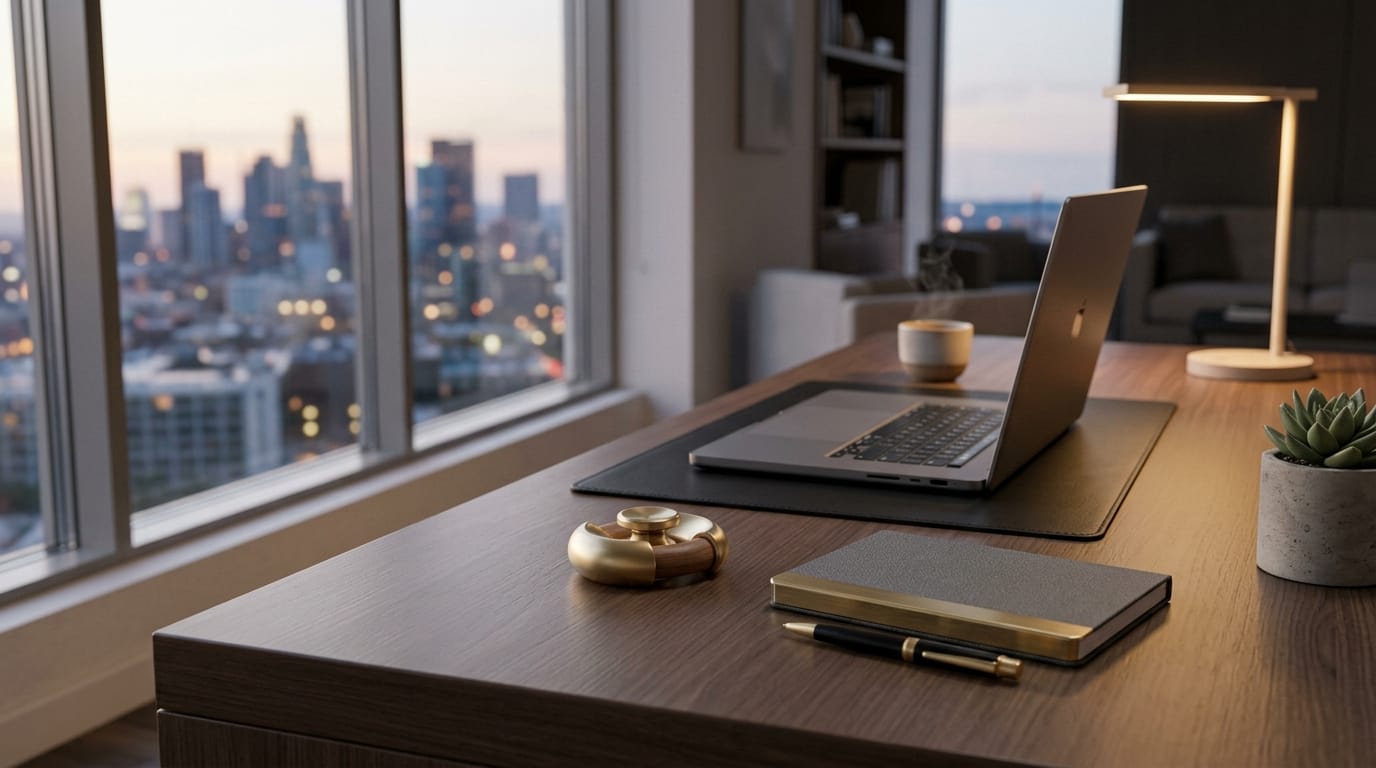A professional desk setup featuring tactile sensory tools for screen-free evening wind-down and stress reduction.