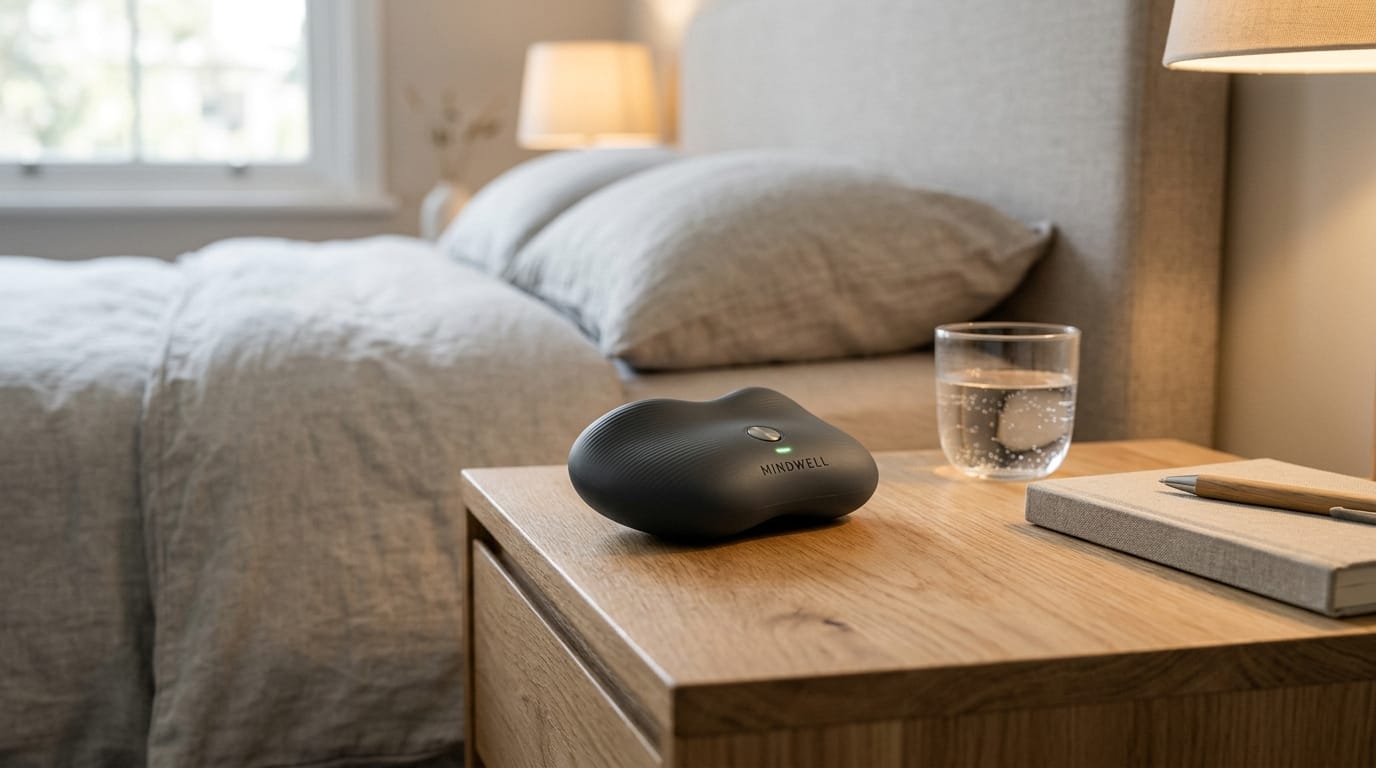 A handheld weighted sensory tool designed for adult sleep aid on a bedside table