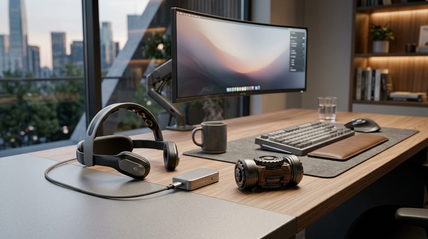 Modern professional workspace with tactile sensory tools for digital grounding and focus management