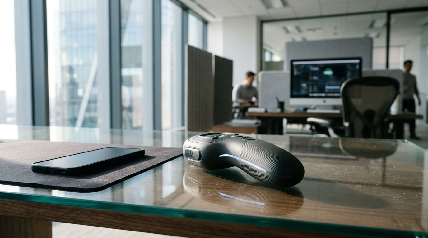 A high-tech desk setup featuring a sensory grounding tool as a healthy alternative to doomscrolling on a smartphone.
