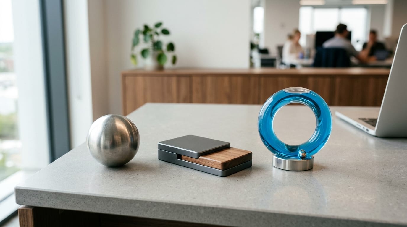 Selection of modern, high-quality tactile desk tools including weighted steel and magnetic sliders for sensory regulation and stress management.