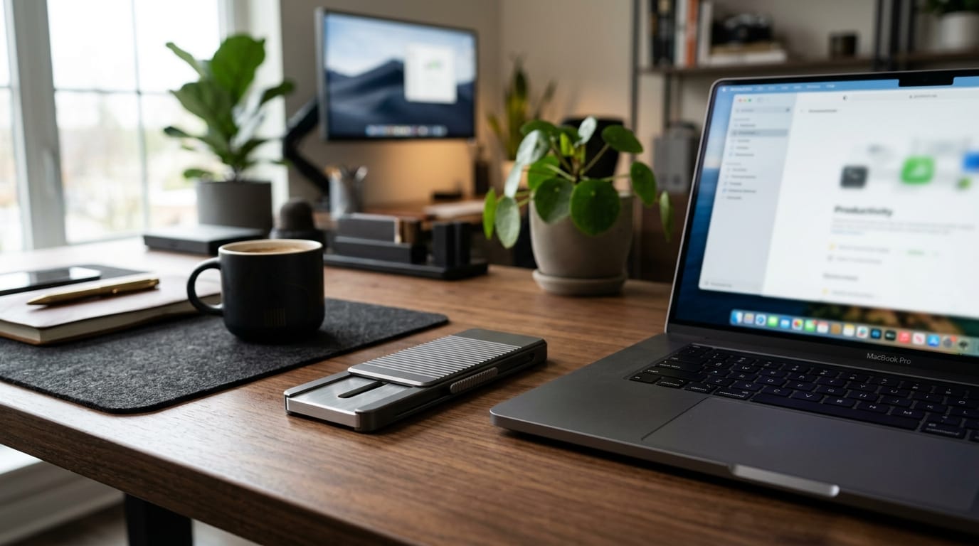 Professional desk setup with a silent, stealthy magnetic fidget slider for adults, emphasizing discreet sensory regulation in the workplace.