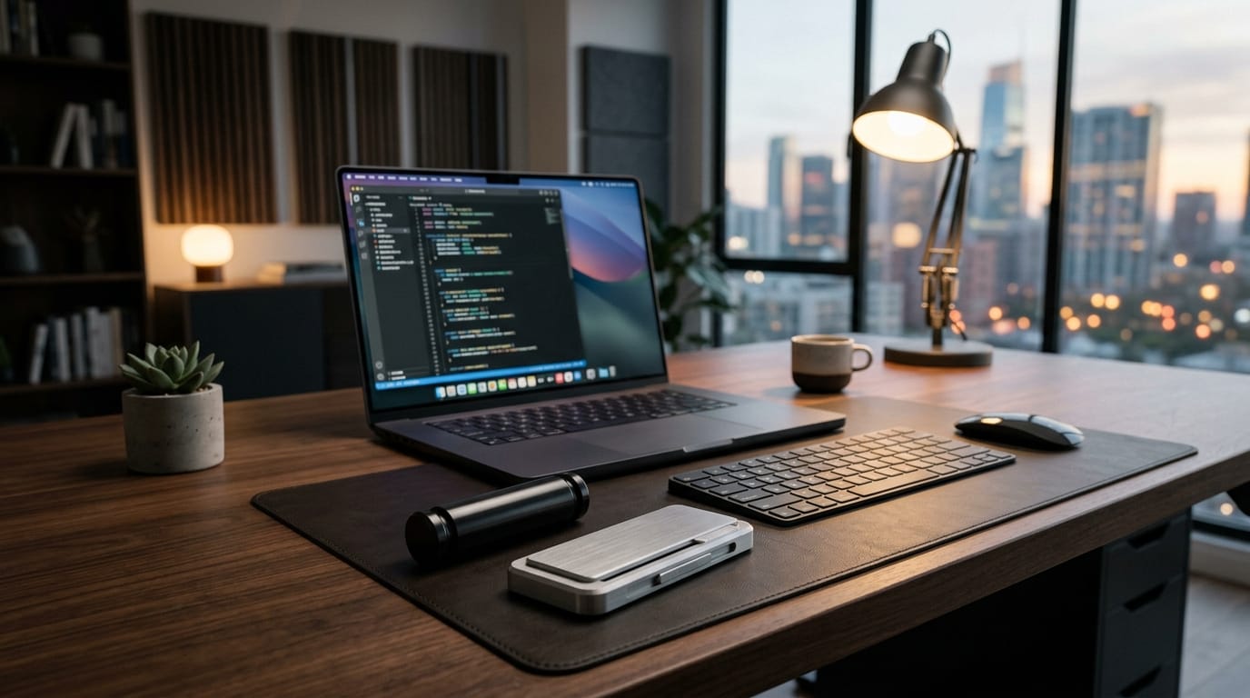 An executive desk featuring silent magnetic sliders and professional sensory tools designed for discreet office use.