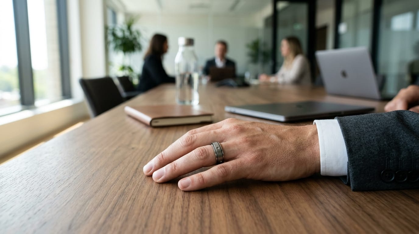 A professional wearing a discreet, high-end spinner ring as a tool for workplace sensory regulation and stress management.