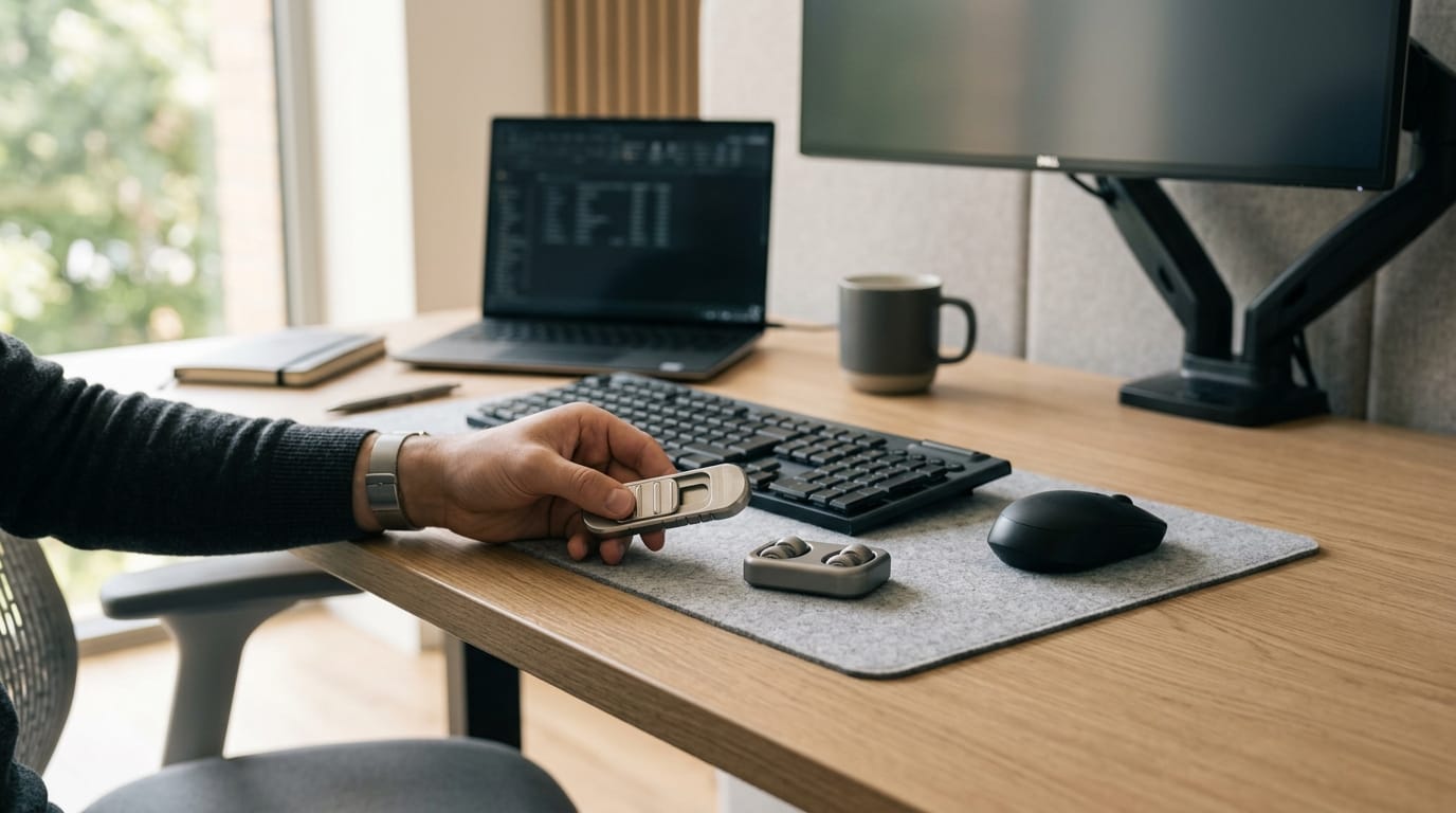 Professional desk setup with high-end tactile sensory tools and magnetic sliders for workplace stress relief
