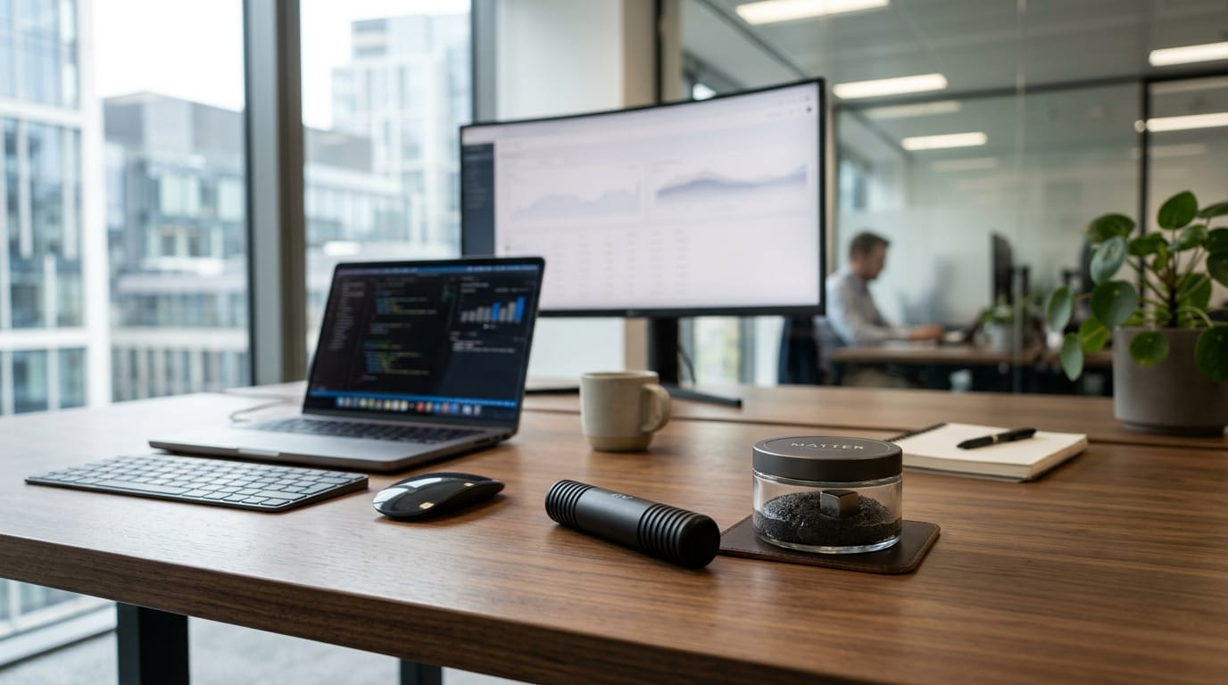 Professional workplace sensory regulation tools including ONO rollers and magnetic putty on a clean desk for stress management.