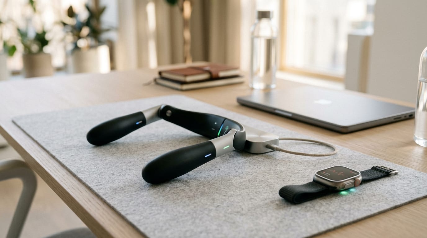 A sophisticated multi-sensory desktop device used for 2026 workplace emotional regulation and stress management.