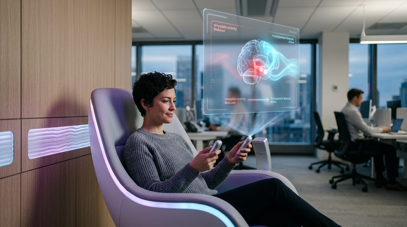 A corporate professional using sensory stacking tools for workplace wellness in a 2026 sensory-optimized office pod.