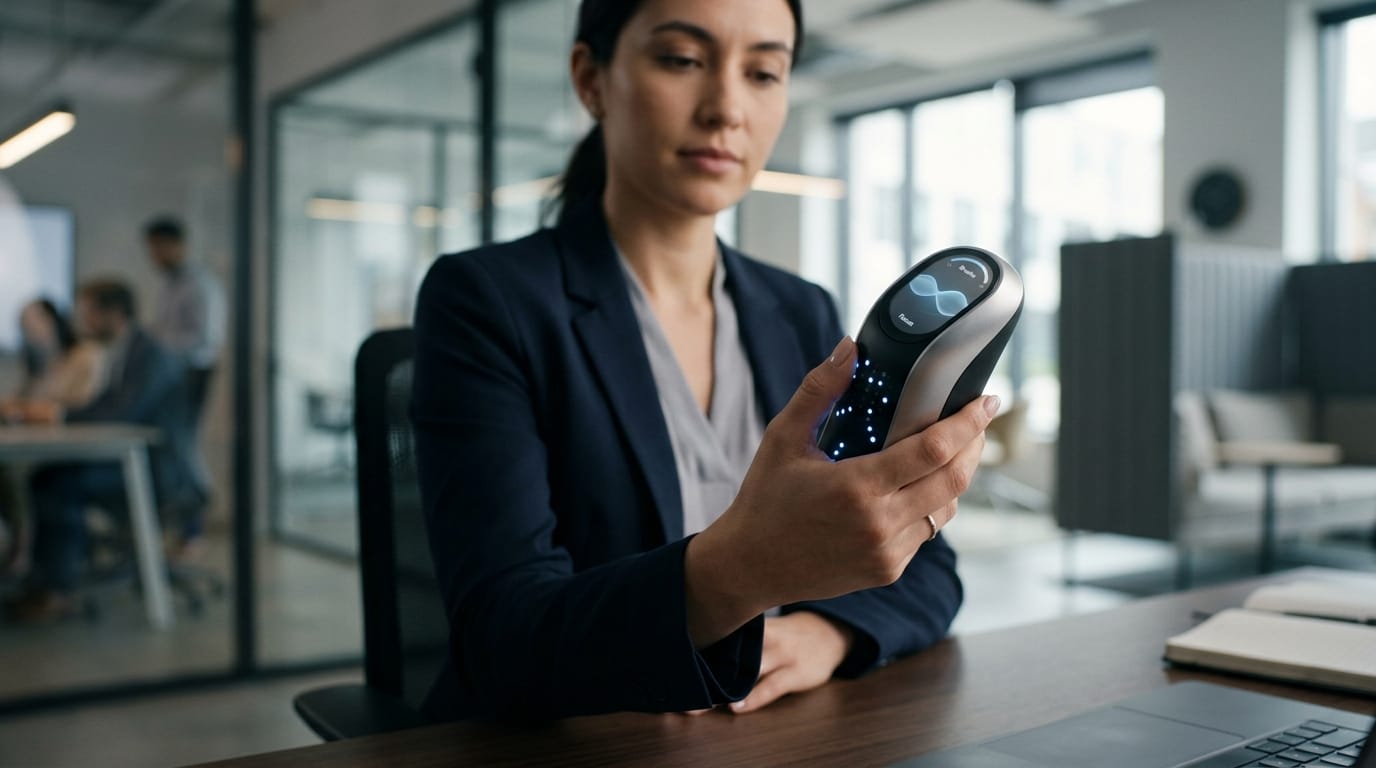 A person using a multisensory tactile stress relief tool in a professional 2026 corporate office setting.