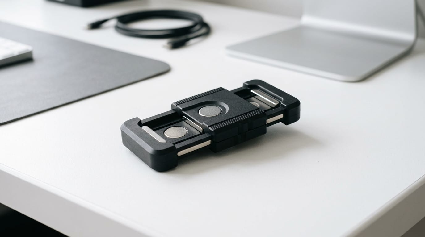 A premium magnetic fidget slider tool on a professional office desk, highlighting the intersection of high-end materials and sensory focus tools.