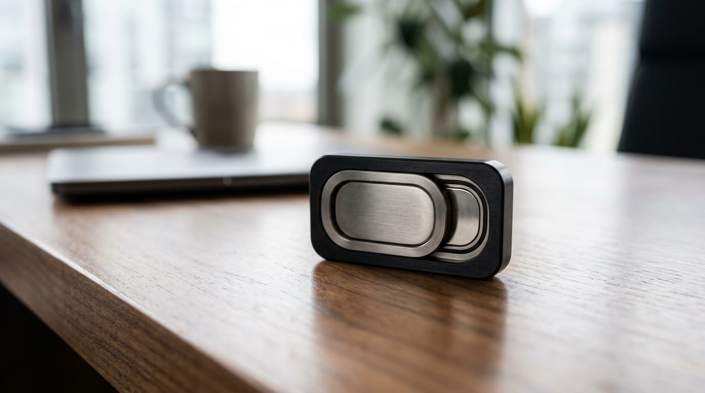 A professional magnetic haptic fidget tool made of PEEK and Titanium for adult sensory regulation and focus in a corporate office setting.