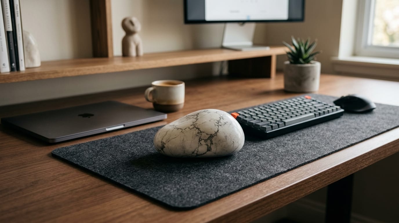 A handheld weighted stone for tactile stress relief and sleep improvement on a professional desk.