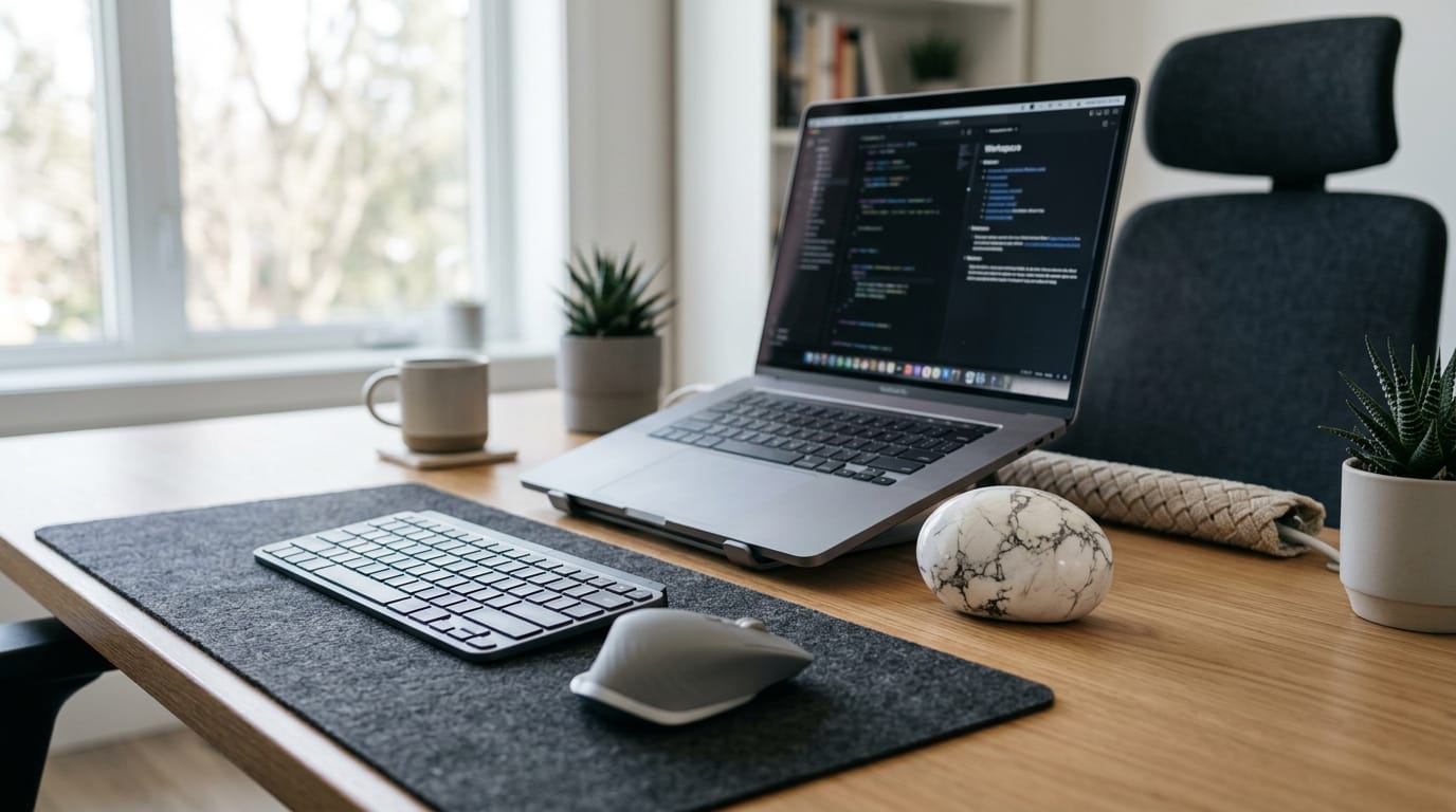 Professional desk setup featuring a Howlite palm stone used for deep pressure input and stress reduction