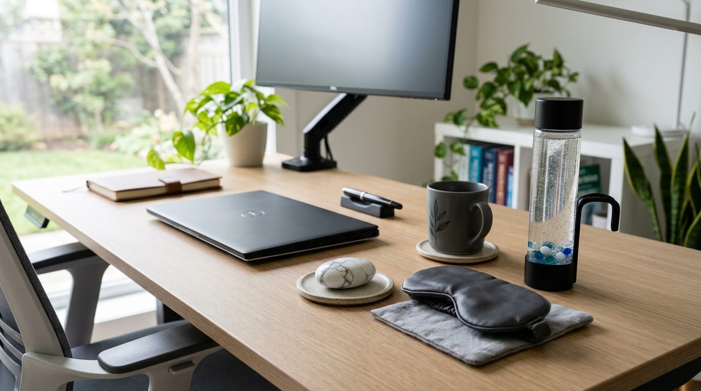 Professional desk accessories for deep pressure input showing clinical benefits for sleep onset latency and stress reduction.