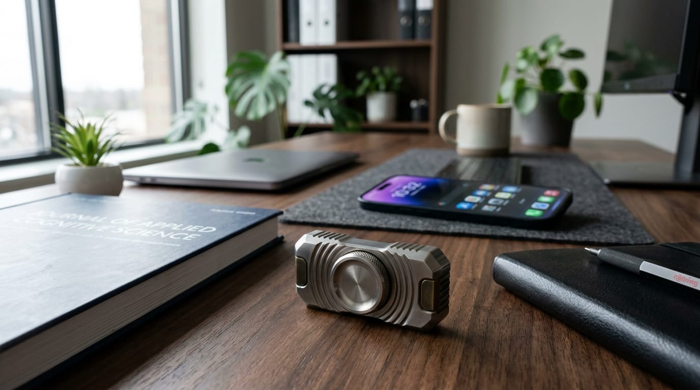 Close-up of a premium weighted sensory fidget tool on a modern office desk, representing the shift from digital habits to tactile grounding for mental focus.