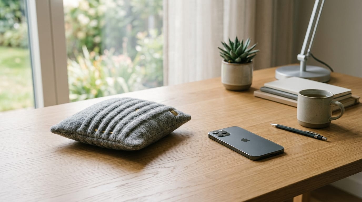 Professional workspace showcasing weighted sensory tools for screen-free stress relief and focus.