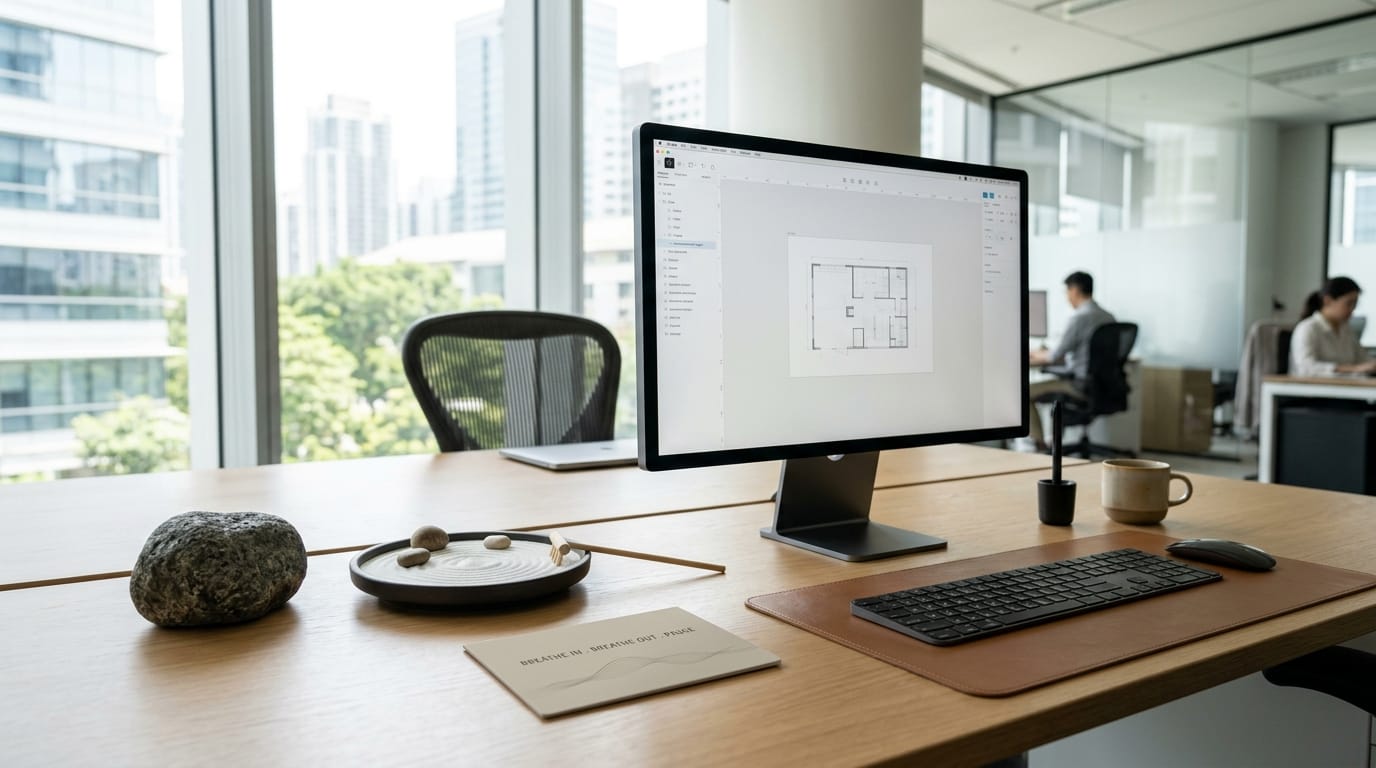 A professional, minimalist desk featuring various tactile fidget tools for adults designed for neurodivergent focus and stress reduction.