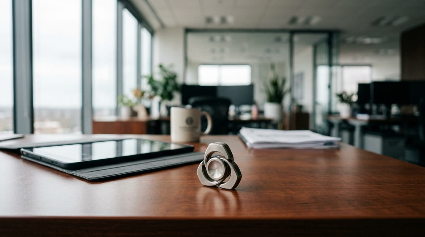 A premium executive fidget tool on a desk representing modern workplace wellness and neuroinclusive office accessories.