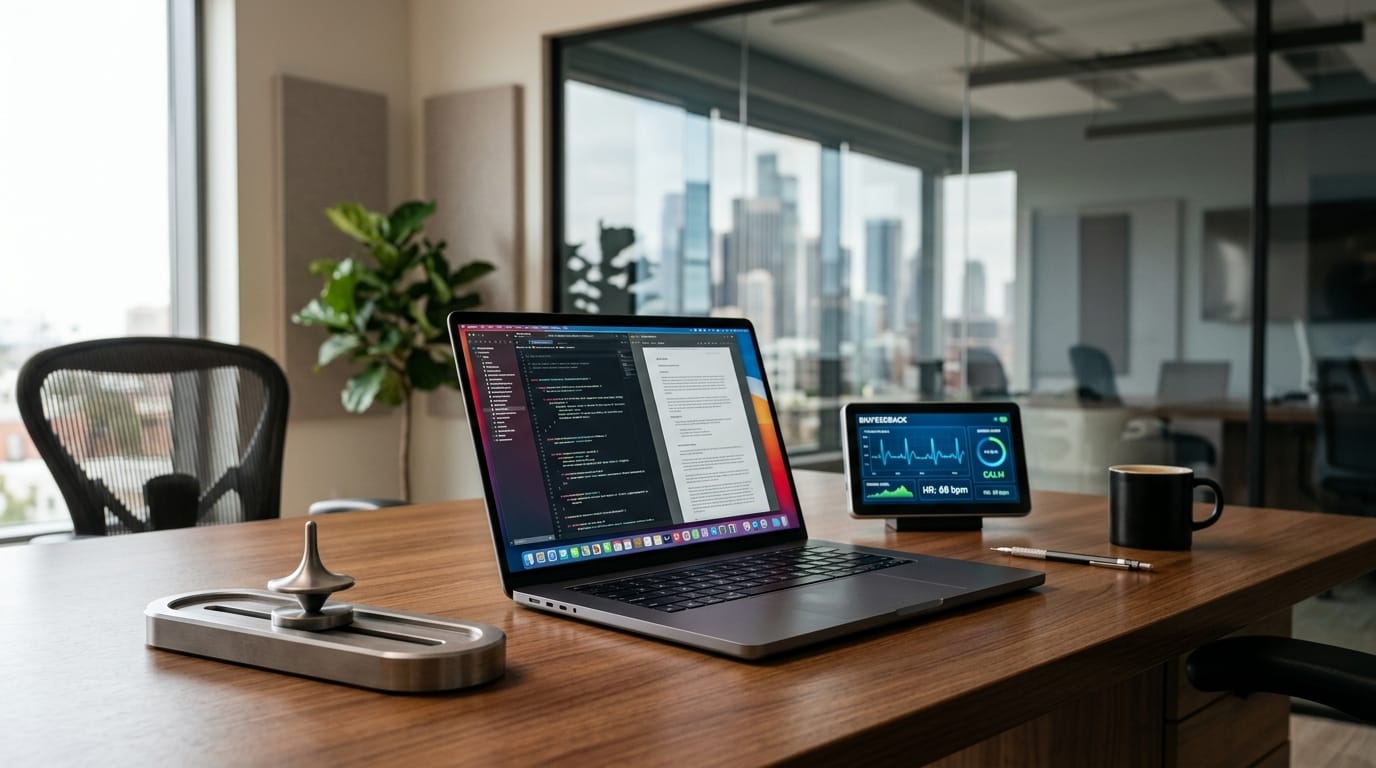 A premium, professional weighted fidget tool on a modern office desk, representing 2026 executive wellness and neuroinclusive workspace trends.