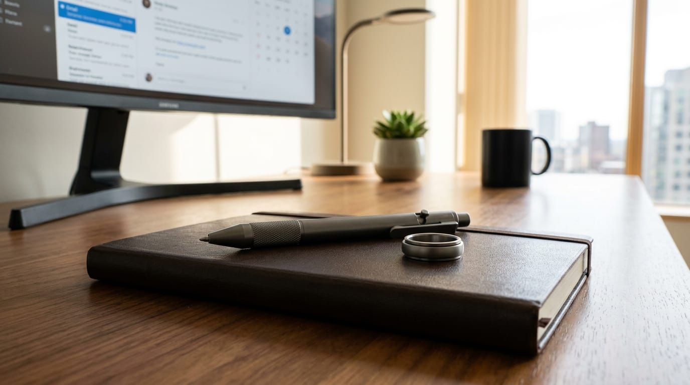 Professional desk accessories including a high-end fidget pen and a sleek metal spinning ring for workplace anxiety regulation.