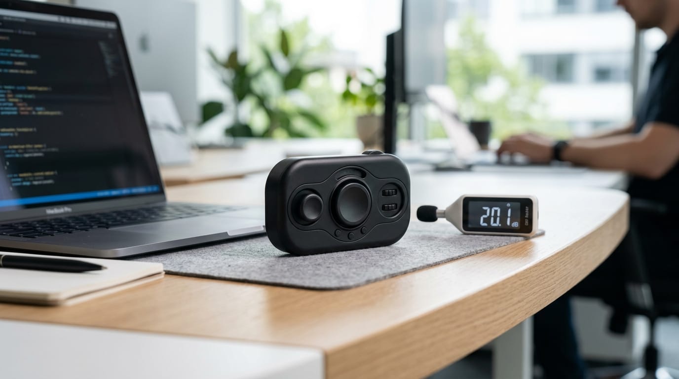 Professional and silent fidget tools on an office desk, showcasing low-decibel sensory regulation for workplace stress.