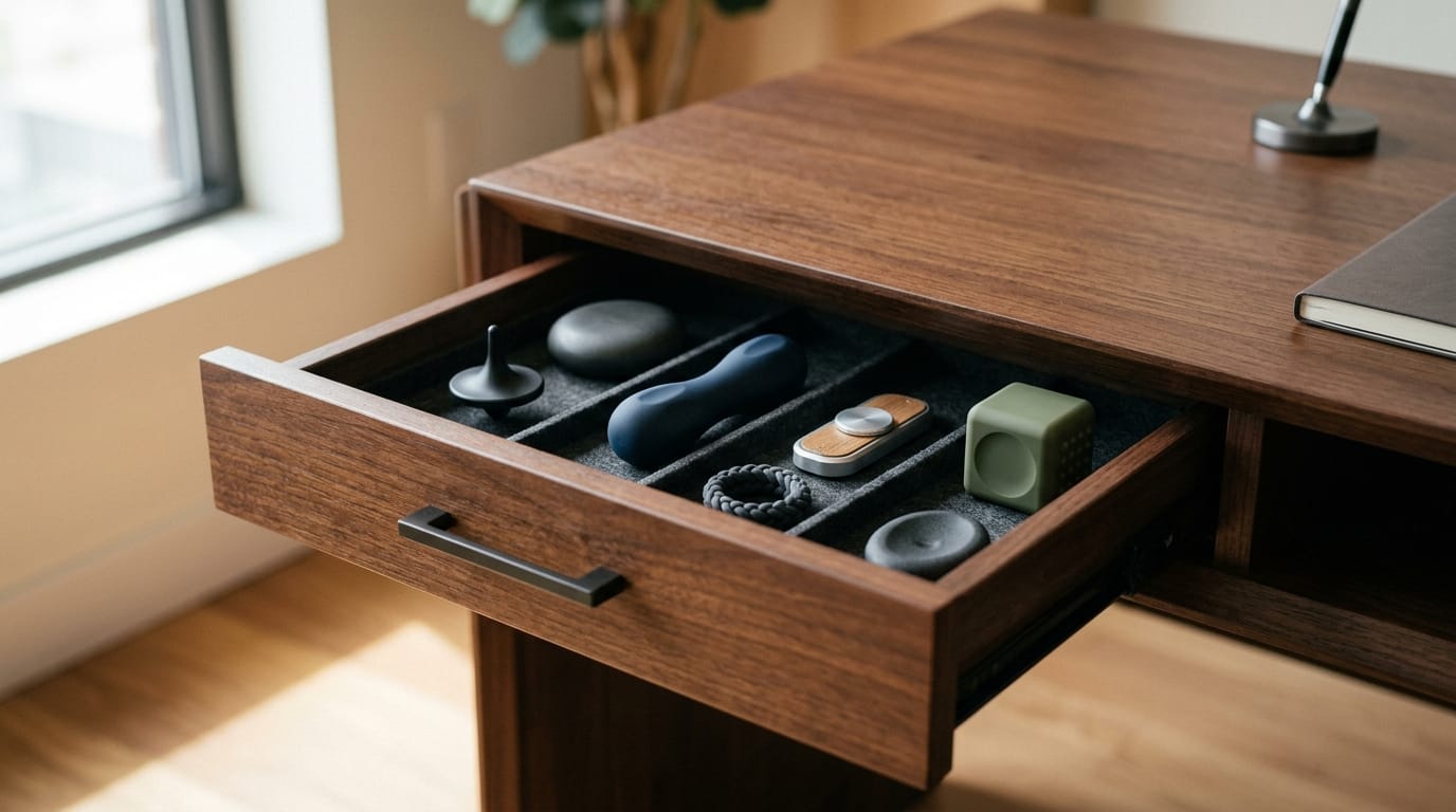 An open office desk drawer containing professional, high-quality sensory tools and stress-relief fidget devices for workplace wellness.