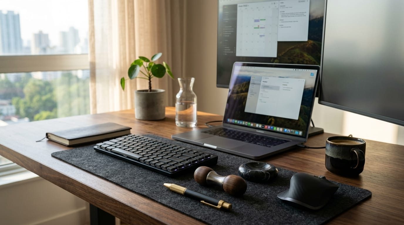 Modern professional desk setup featuring aesthetic sensory tools for workplace stress relief and anxiety management.