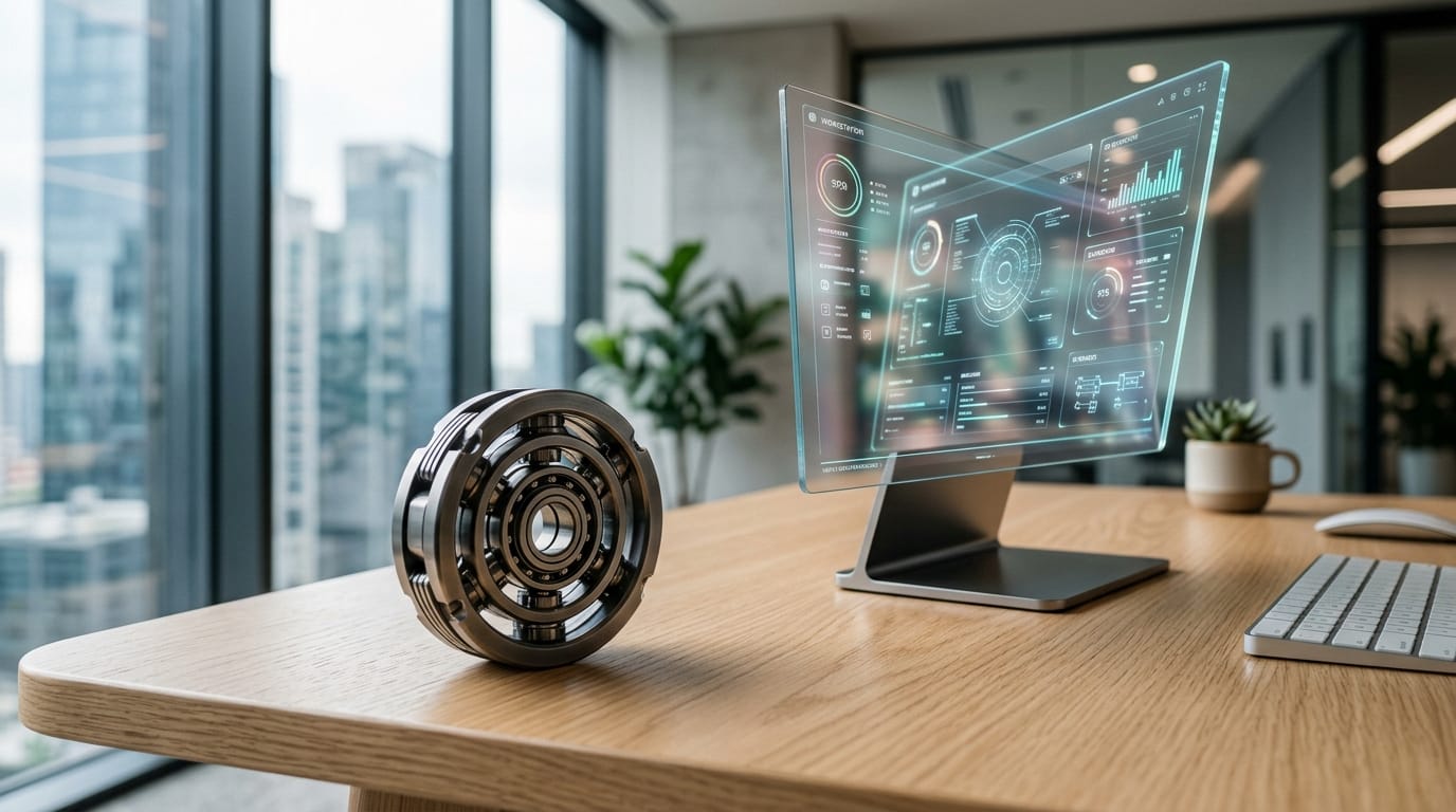 A precision-engineered metallic sensory fidget tool on a professional office desk, representing modern workplace wellness infrastructure.