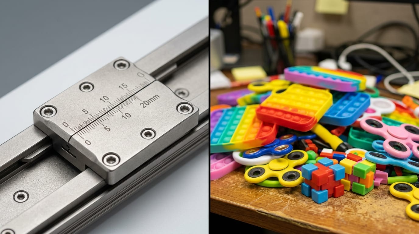Comparison between precision-machined metal fidget sliders and mass-produced plastic fidget toys in a professional wellness setting.