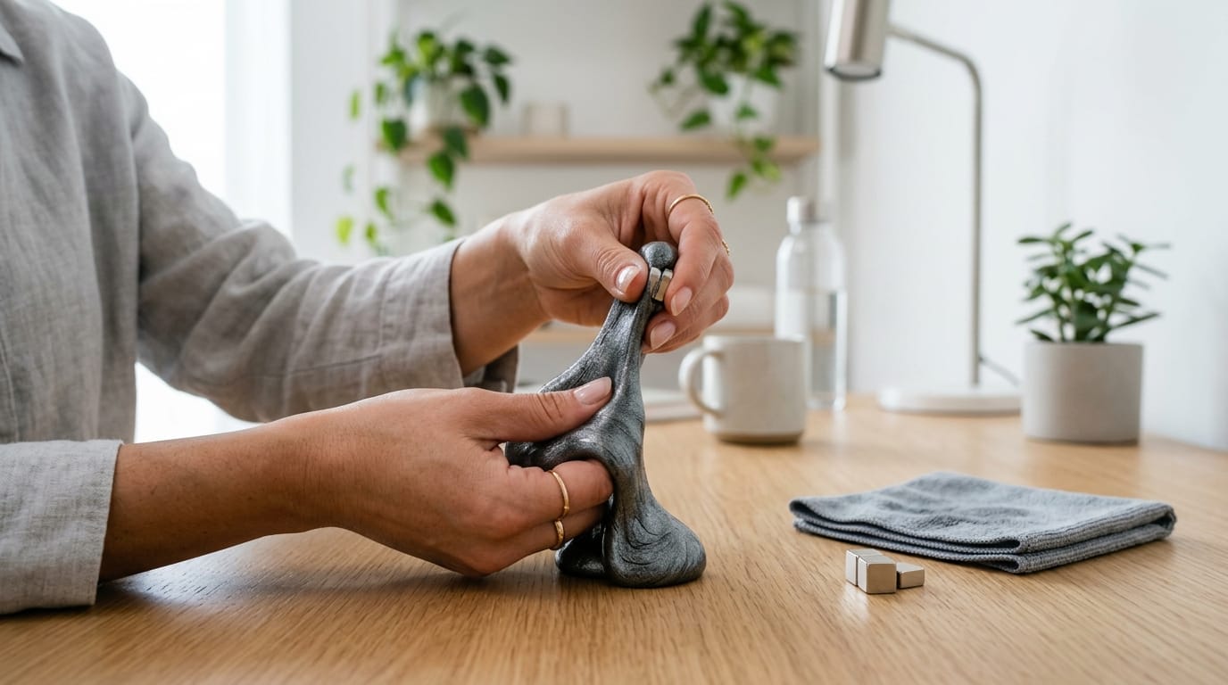 Close-up of magnetic sensory putty being cleaned with a microfiber cloth to maintain its texture and effectiveness.