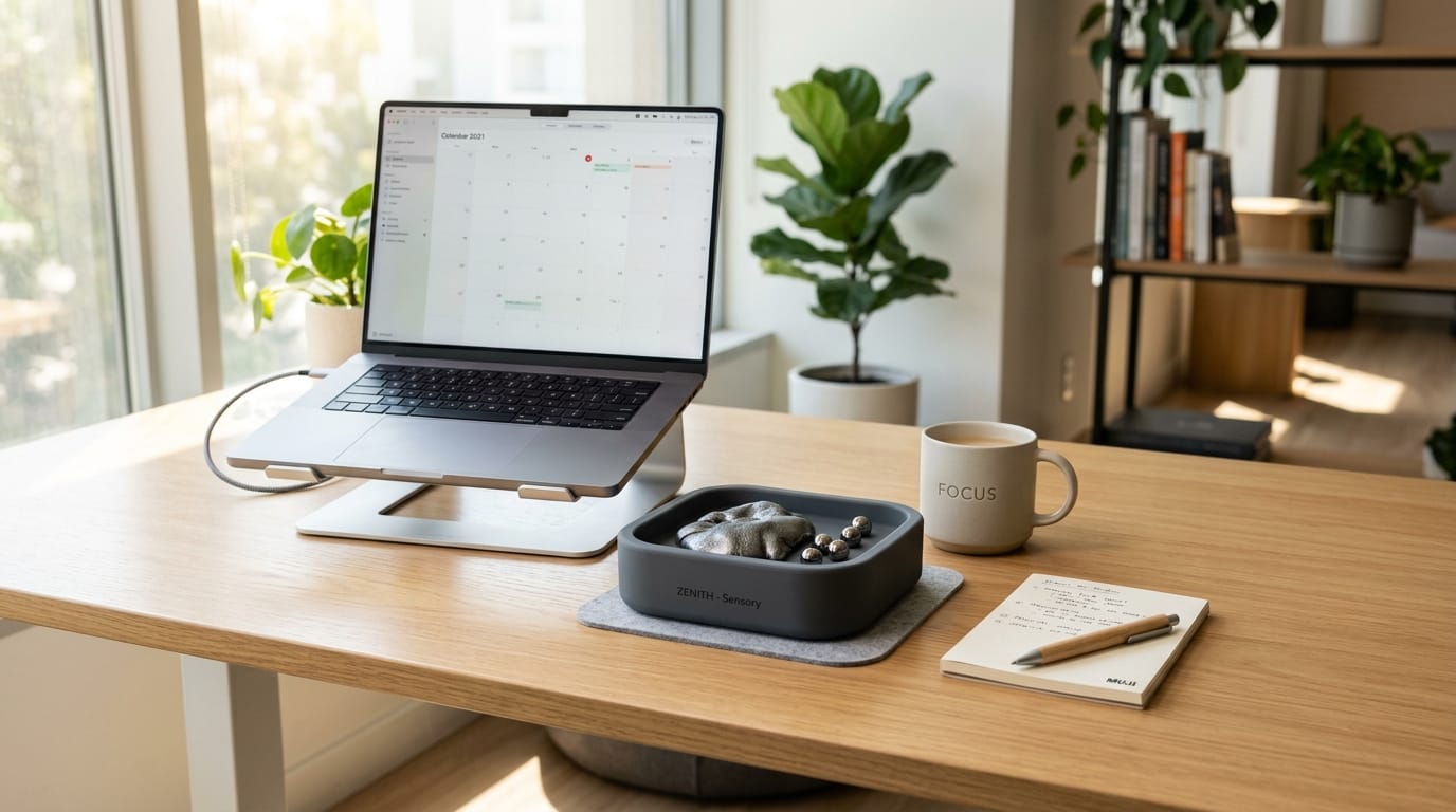Professional desk setup featuring a secure, silicone-coated container for magnetic fidget tools to prevent office clutter.