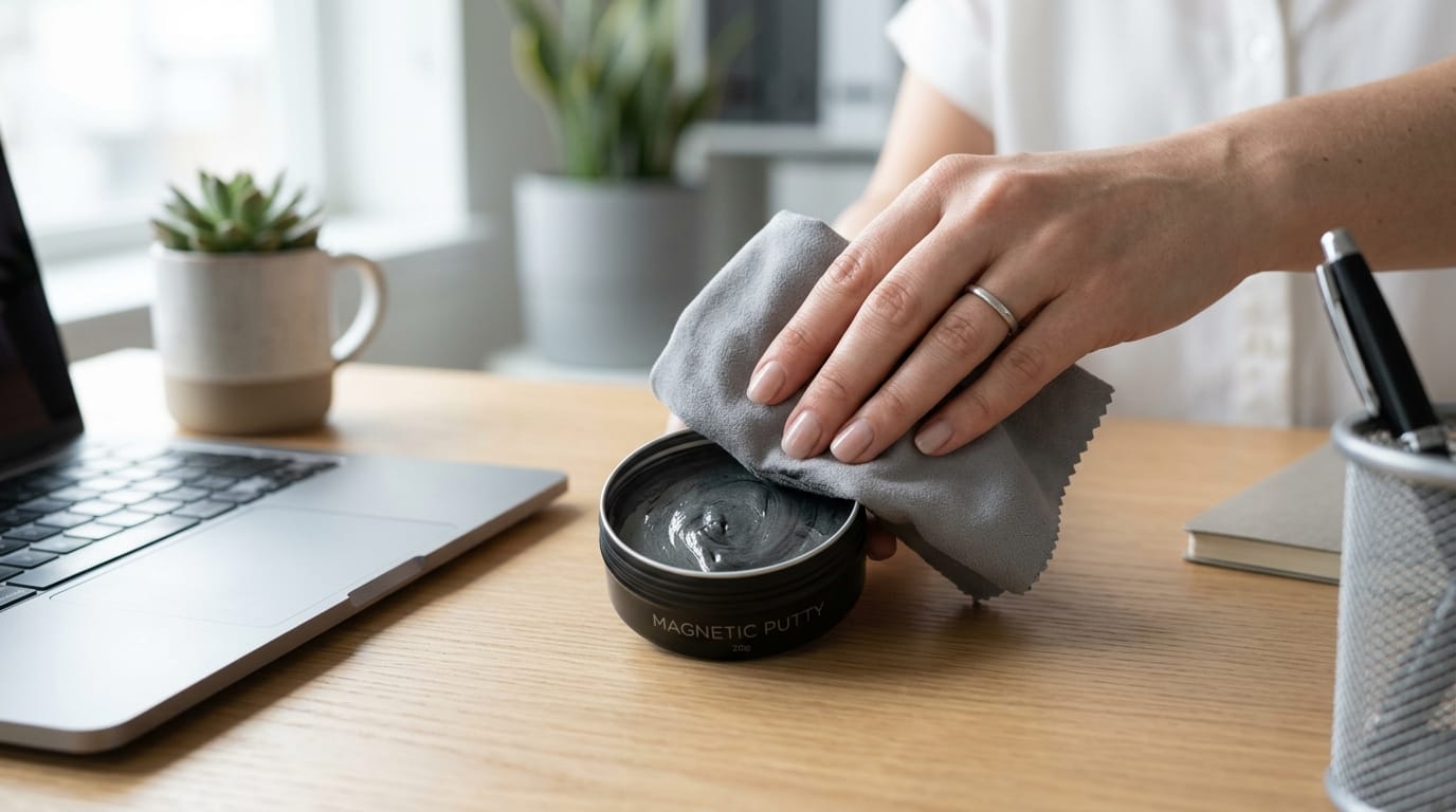 Professional cleaning of magnetic sensory putty and Speks Crags alternatives on a modern office desk