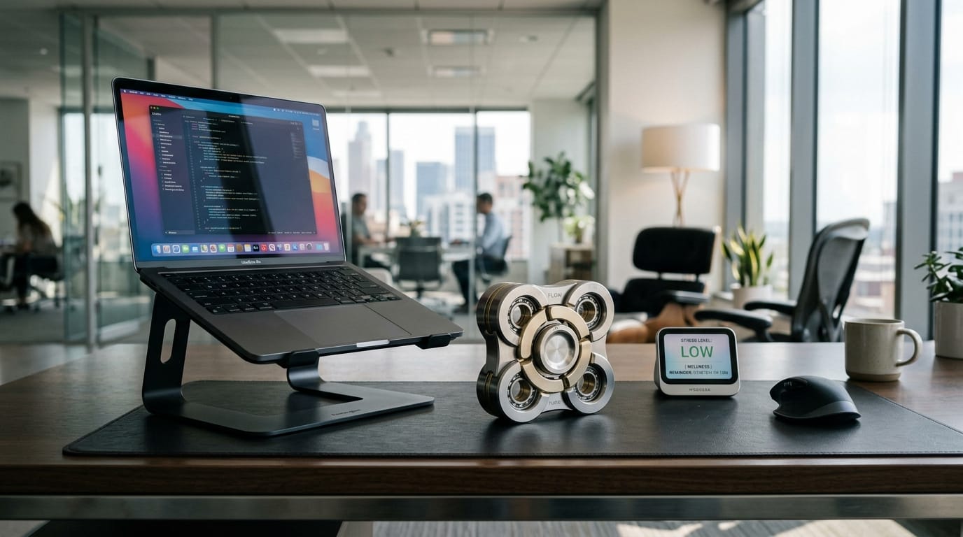 A professional executive desk featuring a high-end tactile focus tool for workplace stress management.