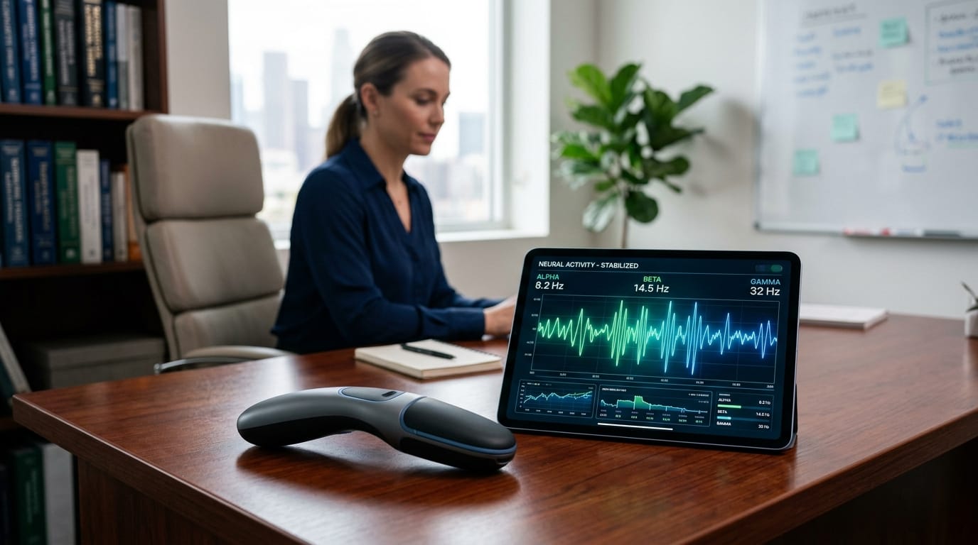 A professional office desk featuring modern ADHD productivity tools and sensory devices to support cognitive focus.