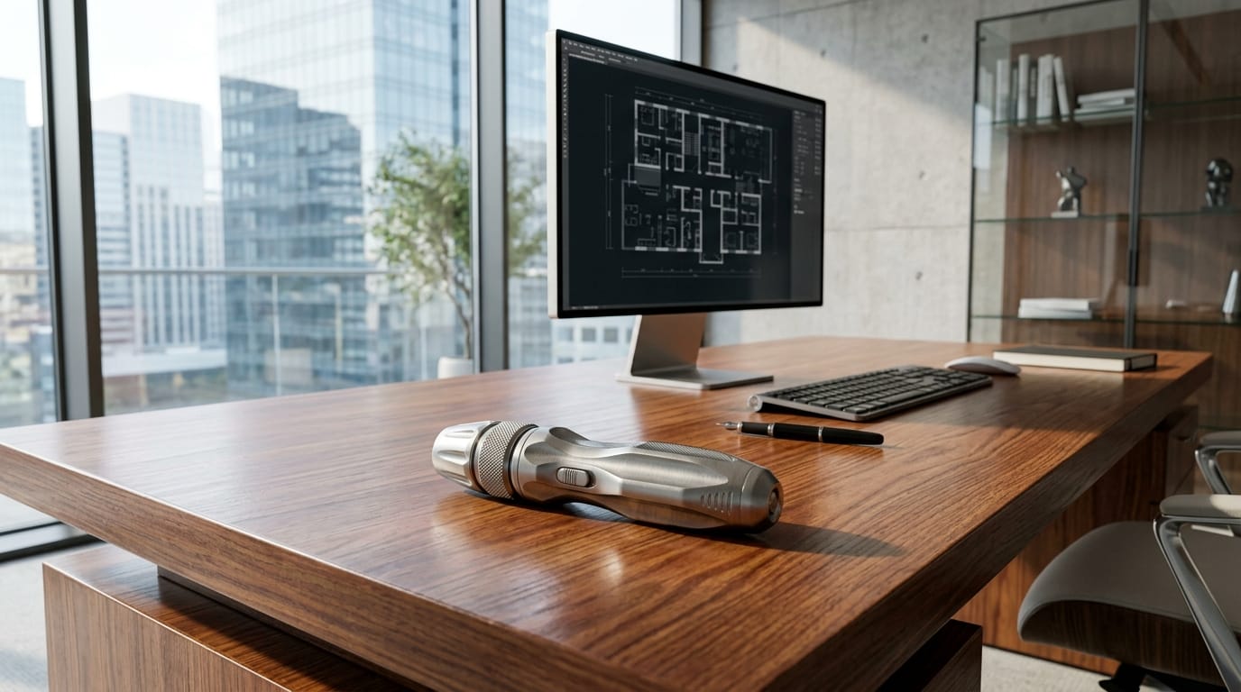 An executive-style sensory fidget tool on a desk, representing the integration of tactile stress relief into 2026 professional office environments.