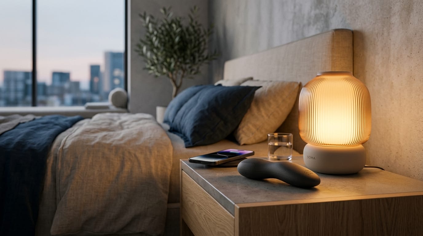 A professional bedroom environment featuring sensory sleep tools and ambient lighting to replace smartphone use before bed.